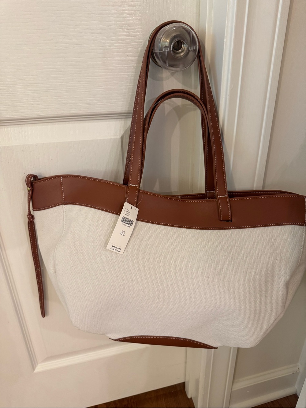 Canvas and Brown Leather Trim Tote Bag - White/Brown